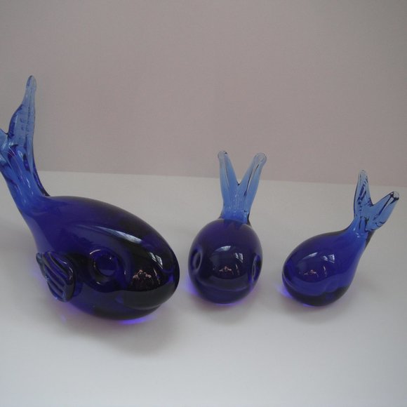 Lot of 3 Murano Art Glass Style Whale Cobalt Blue Paperweight Figurine Vintage - Picture 2 of 8